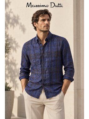 Massimo Dutti Men’s 100% Linen Blue Brown Plaid Button Down Shirt Size S